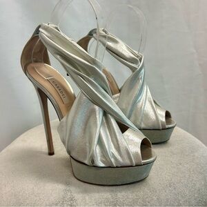 Casadei metallic silver fabric crossover platform stiletto high heels authentic